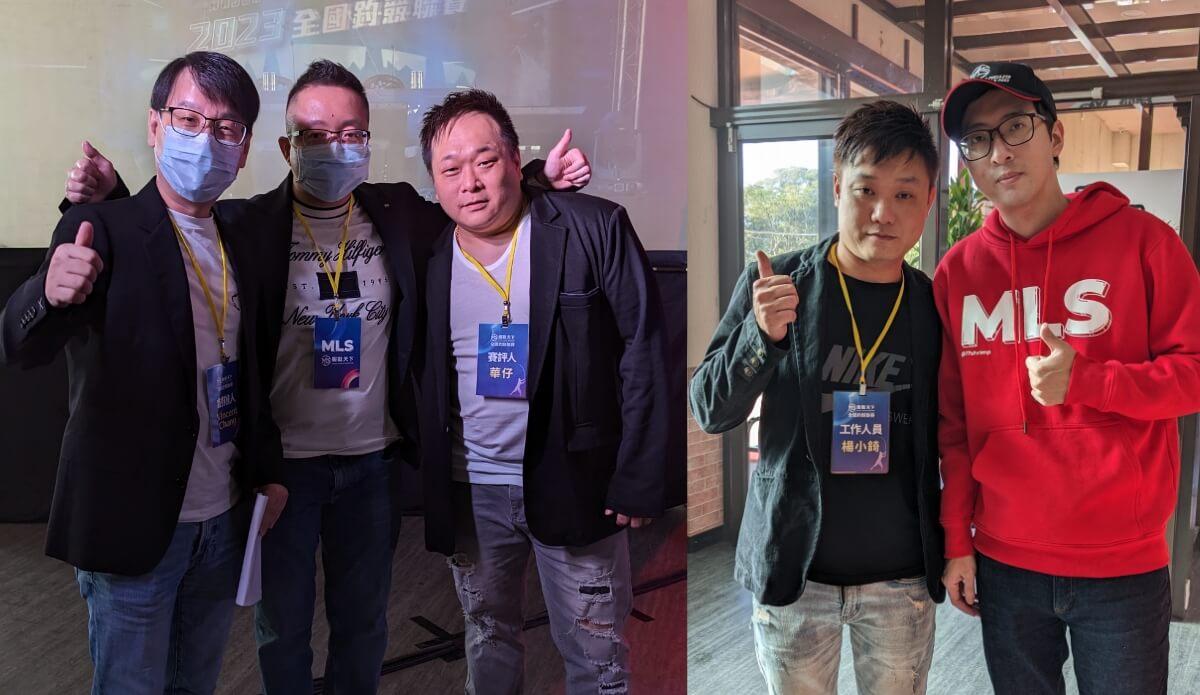 蝦戰天下創辦人(V大)、總經理(William)、賽評人(劉明彥)、看板明星(小錡、阿綱),大家一起合照(左起)